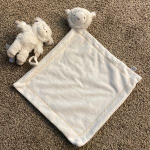 Potterybarn lamb critter set, pacifier holder and small blanket